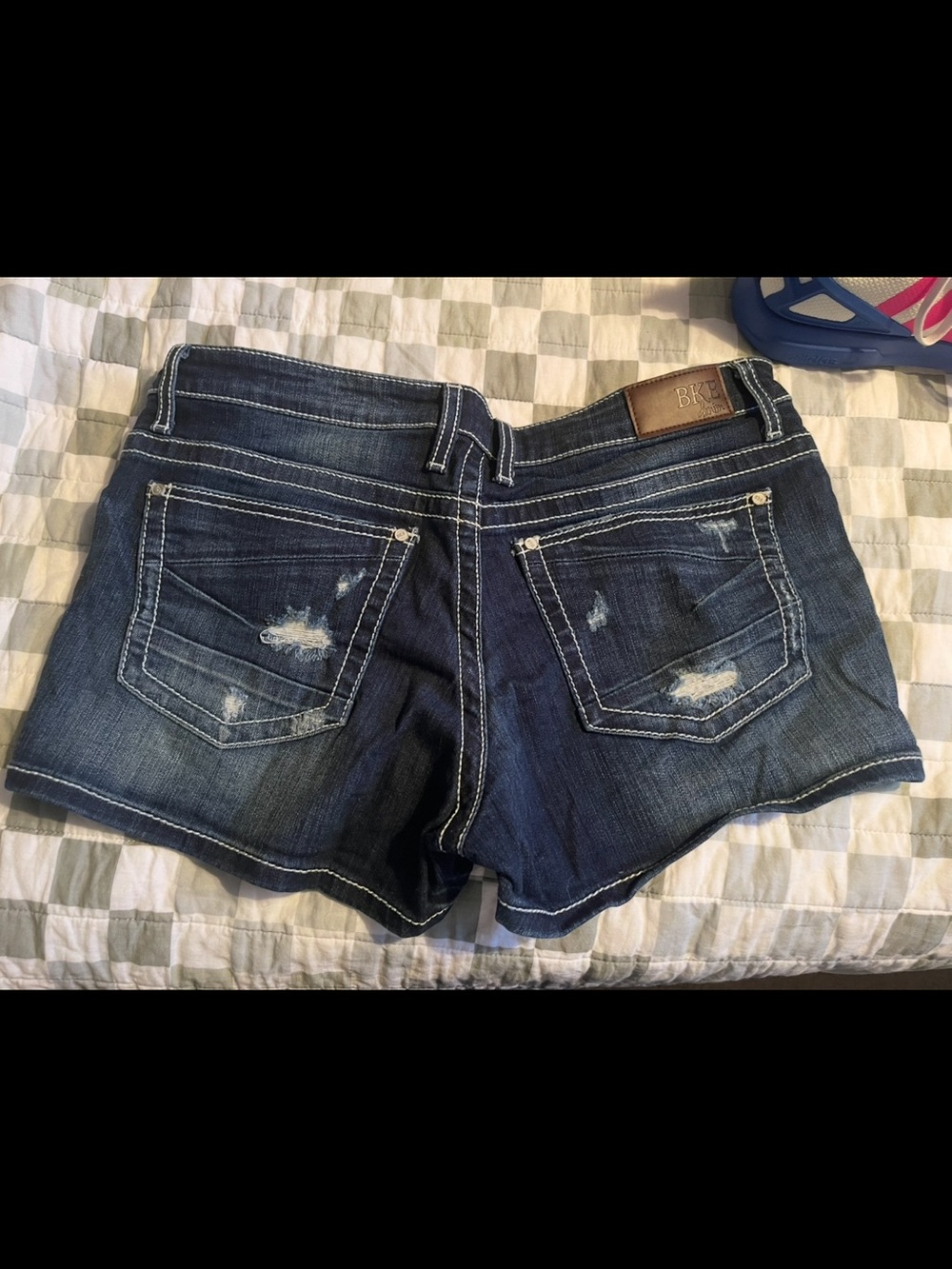 Dark Wash Distressed Denim Shorts - Blue